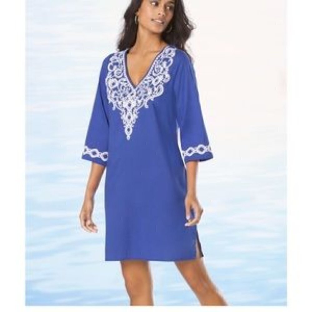 Soma Royal Blue & White Embroidered Long Sleeve Tunic Swim Cover Up XS
